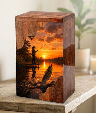 Sunset Fishing Wooden Cremation Urn – Personalized Memorial Urn for Human Ashes