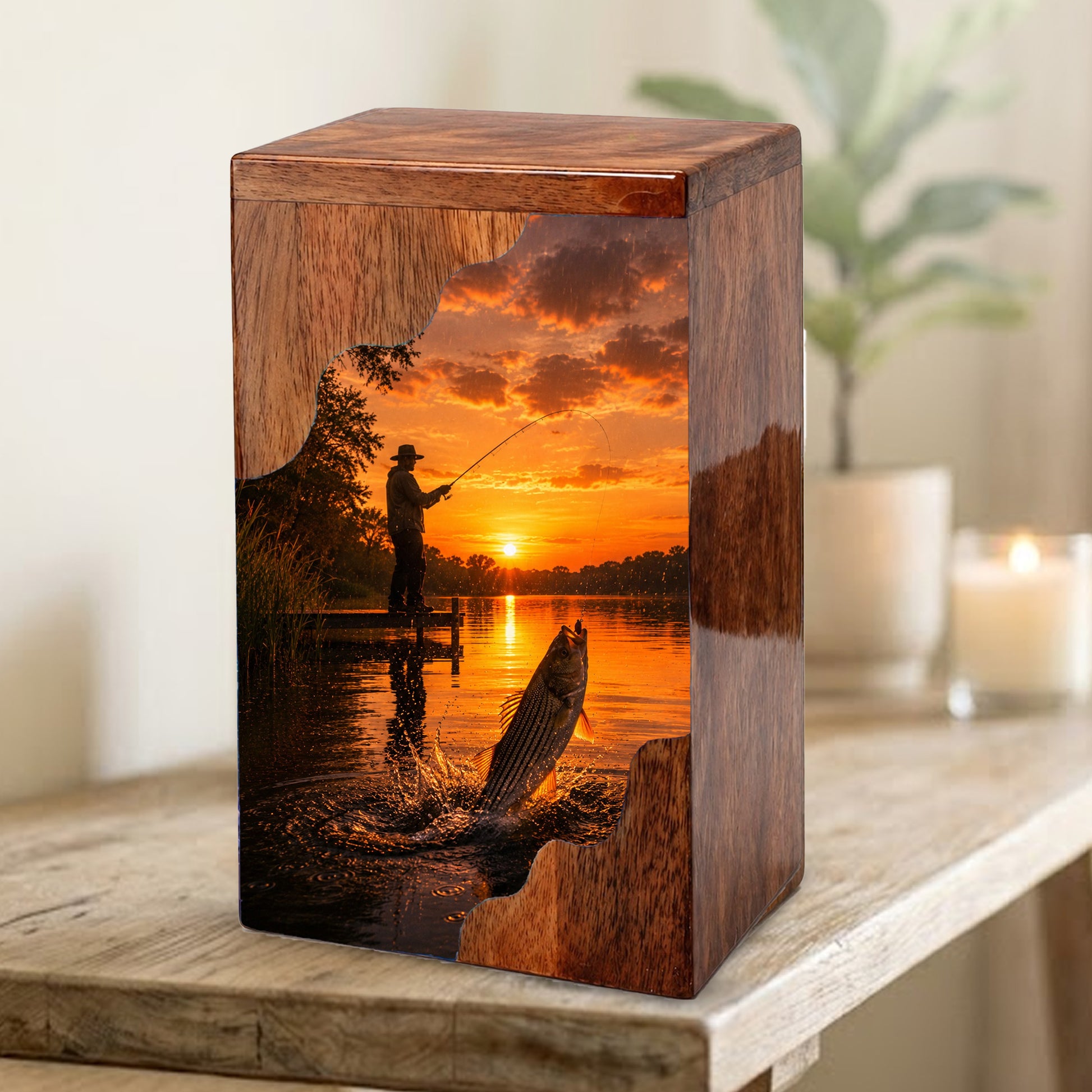 Sunset Fishing Wooden Cremation Urn – Personalized Memorial Urn for Human Ashes