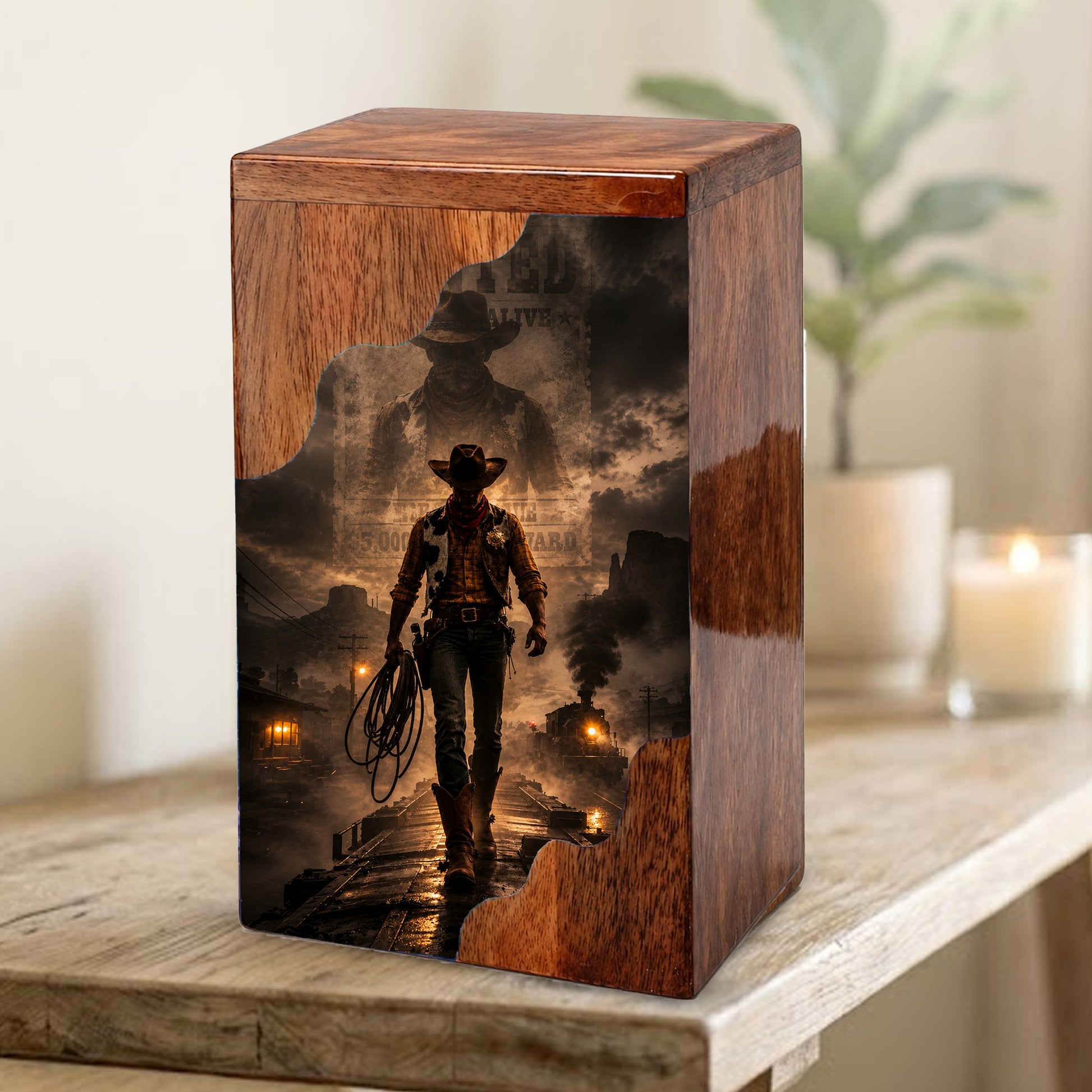 Cowboy Wooden Cremation Urn for Human Ashes | Personalized Western Memorial Urn