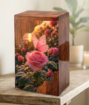 Pink Rose & Butterfly Wooden Cremation Urn – Personalized Memorial Urn for Human Ashes