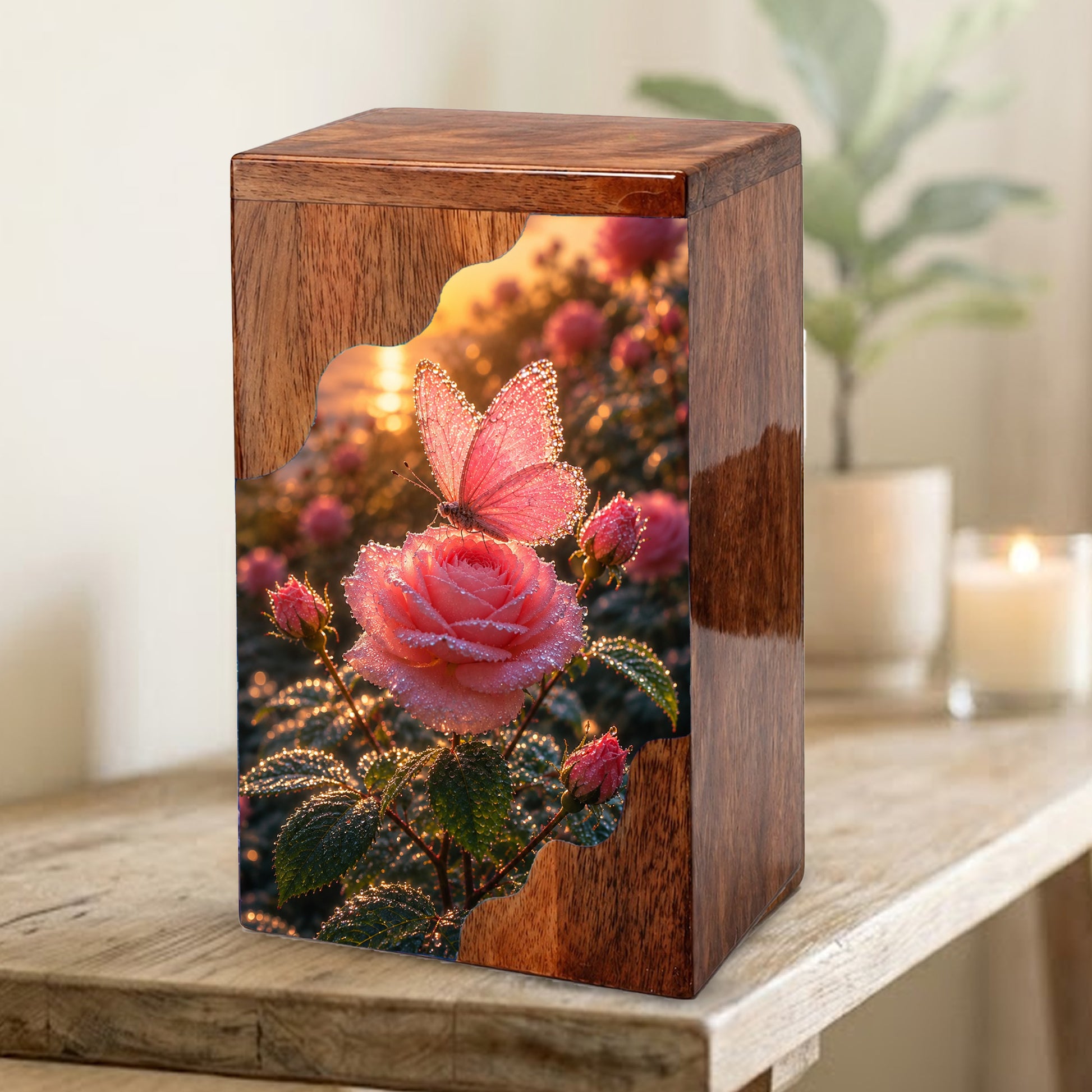Pink Rose & Butterfly Wooden Cremation Urn – Personalized Memorial Urn for Human Ashes