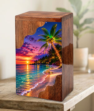Wooden Beach Urn for Human Ashes | Palm Tree Wooden Cremation Urn | Ocean Sunset Memorial Urn