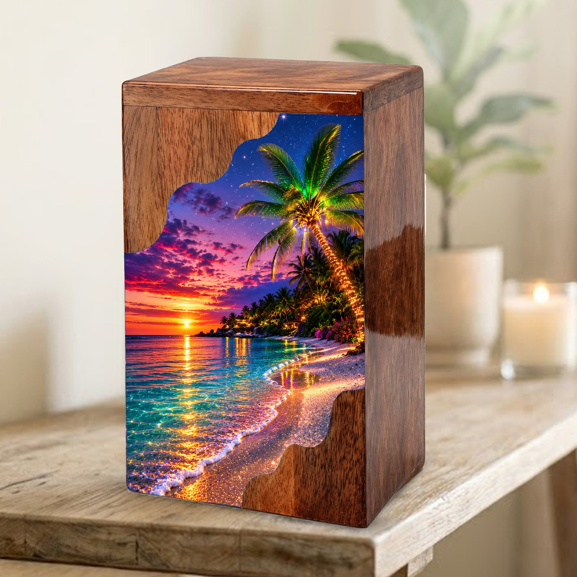 Wooden Beach Urn for Human Ashes | Palm Tree Wooden Cremation Urn | Ocean Sunset Memorial Urn