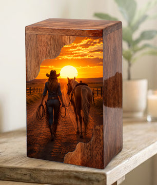 Western Wooden Cremation Urn – Cowboy Memorial Urn for Ashes | Sunset Horse Memorial Urn