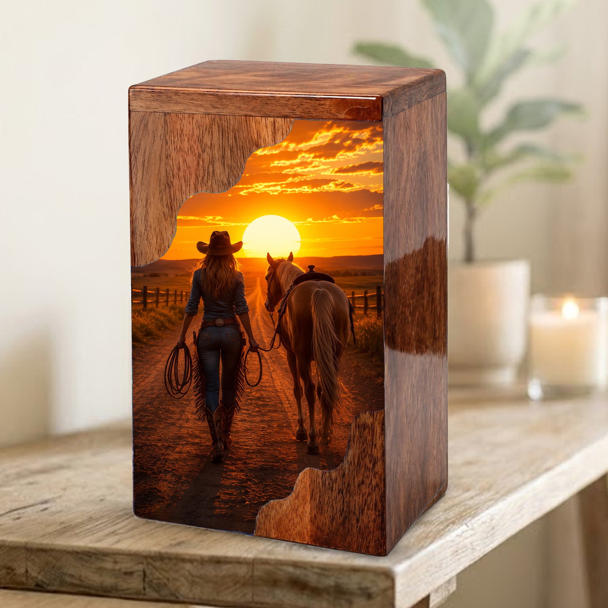 Western Wooden Cremation Urn – Cowboy Memorial Urn for Ashes | Sunset Horse Memorial Urn