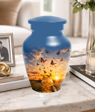 Orange Butterfly Memorial Urn For Mom - Sunset Memorial Keepsake Urn For Ashes