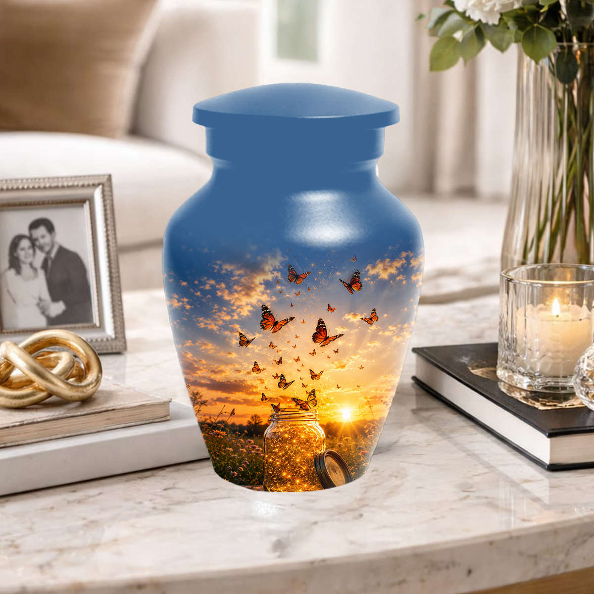 Orange Butterfly Memorial Urn For Mom - Sunset Memorial Keepsake Urn For Ashes