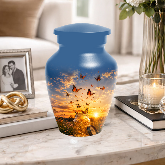 Orange Butterfly Memorial Urn For Mom - Sunset Memorial Keepsake Urn For Ashes