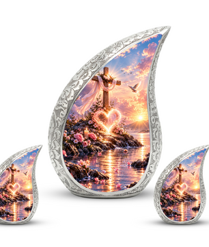 Christian Cross Cremation Urn for Adult Ashes, Sunset Memorial Urn with Dove and Glowing Heart, Religious Urn for Mom or Dad
