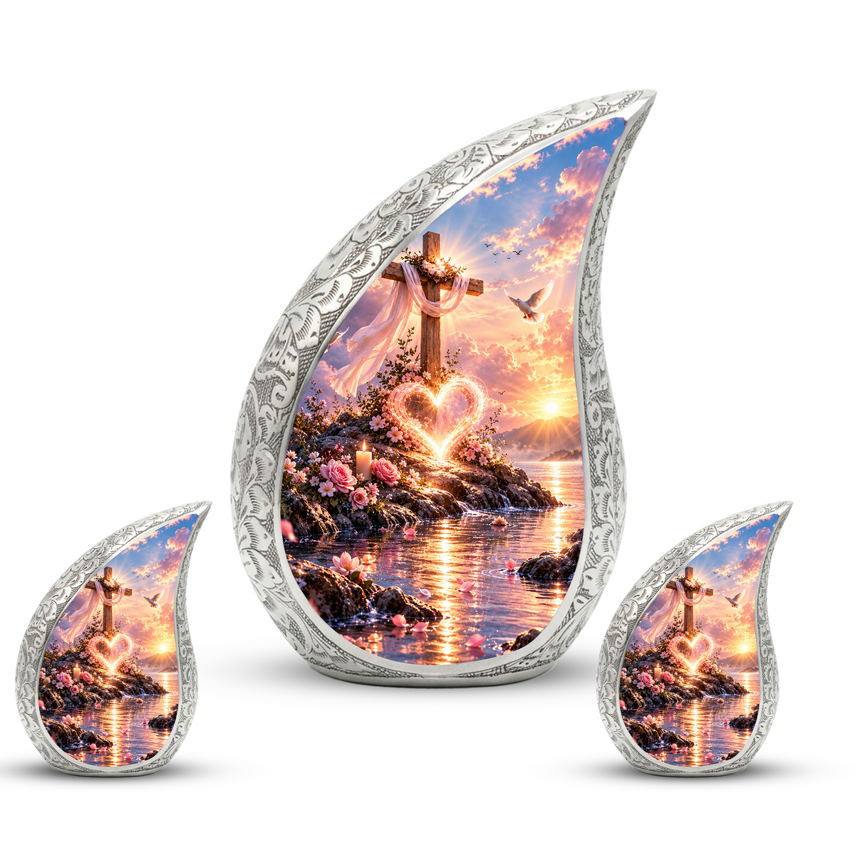 Christian Cross Cremation Urn for Adult Ashes, Sunset Memorial Urn with Dove and Glowing Heart, Religious Urn for Mom or Dad