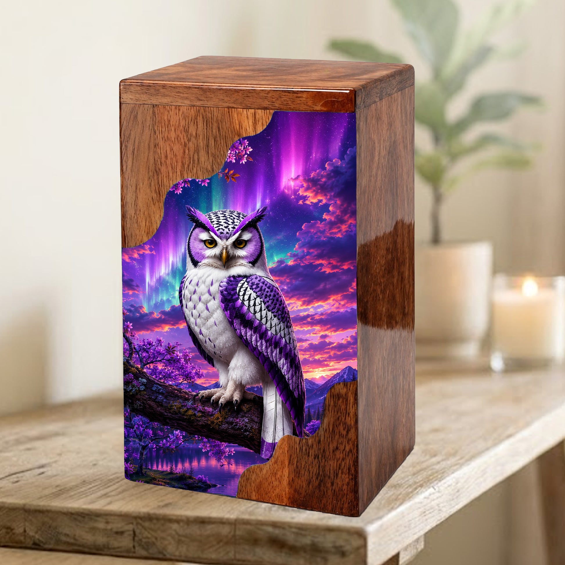 Purple Owl Wooden Cremation Urn – Aurora Memorial Urn