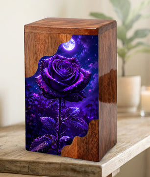Moonlit Purple Rose Wooden Cremation Urn – Floral Memorial Urn for Human Ashes