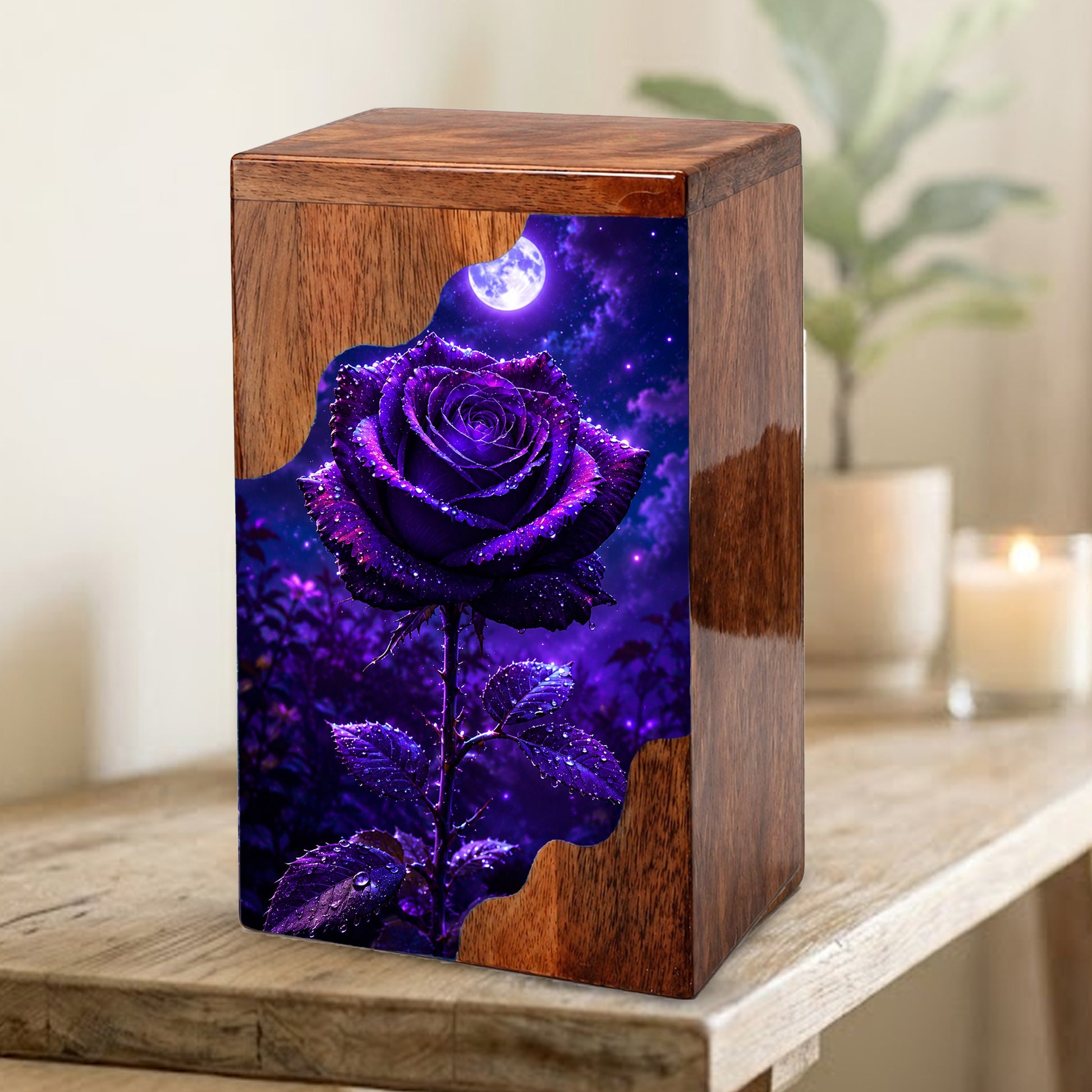 Moonlit Purple Rose Wooden Cremation Urn – Floral Memorial Urn for Human Ashes