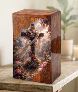 Floral Cross Wooden Cremation Urn – Christian Memorial Urn | Wooden Urn for Human Ashes