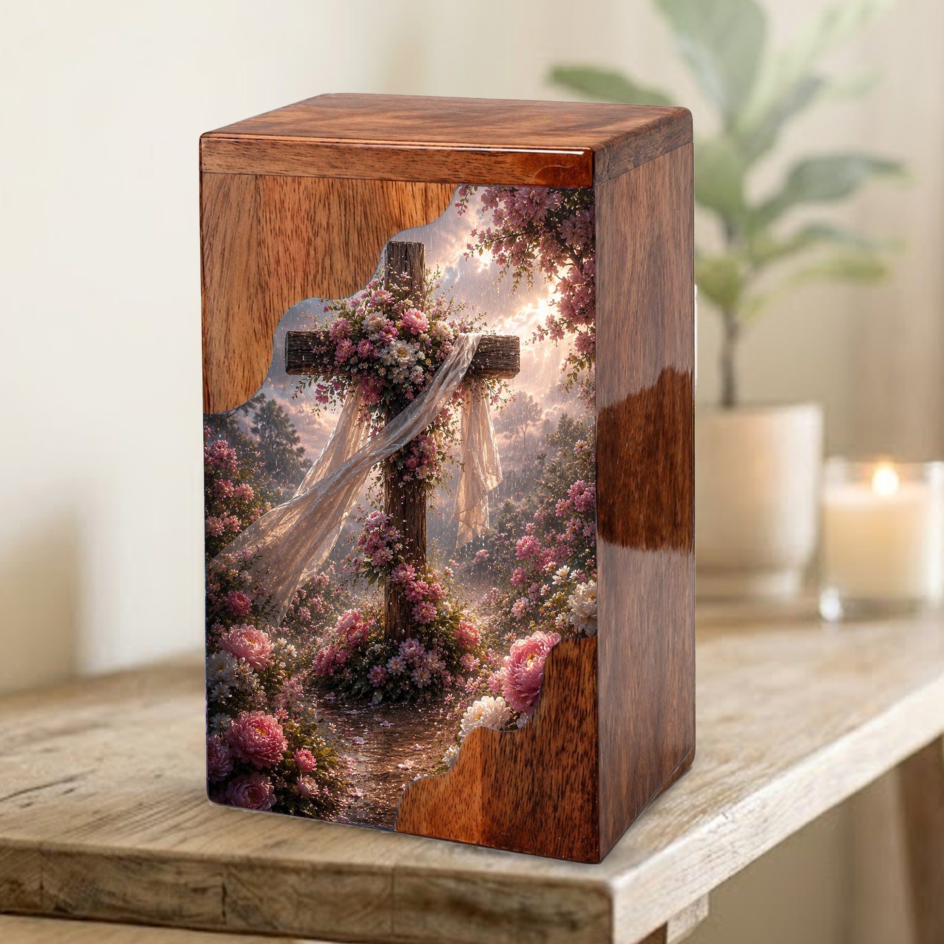 Floral Cross Wooden Cremation Urn – Christian Memorial Urn | Wooden Urn for Human Ashes