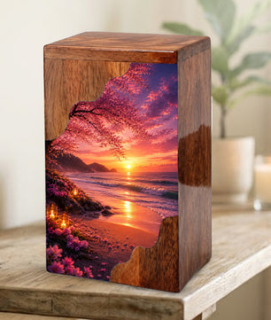 Beach Wooden Cremation Urn for Mom | Ocean Sunset Urn for Human Ashes
