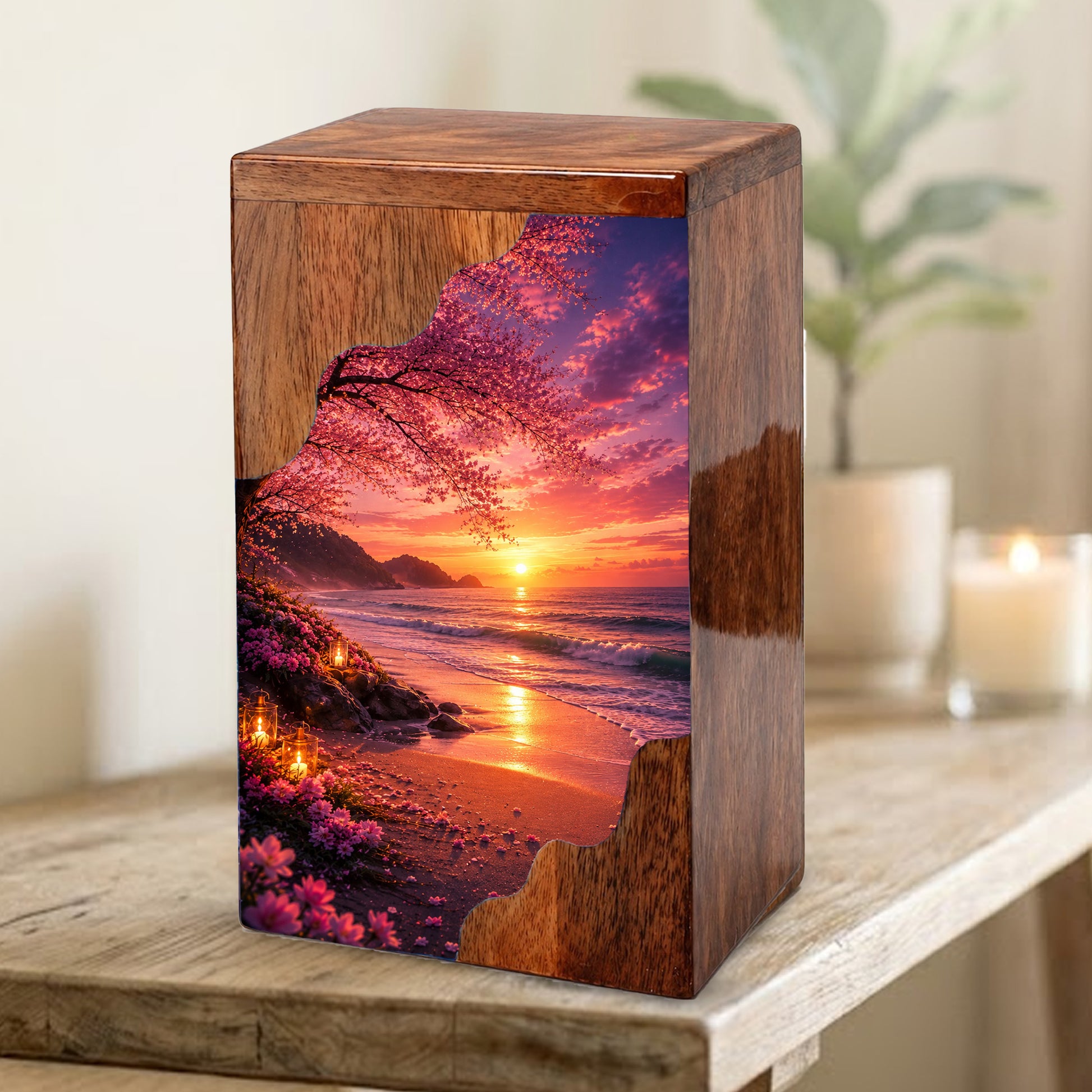 Beach Wooden Cremation Urn for Mom | Ocean Sunset Urn for Human Ashes