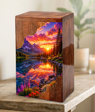 Sunset Wooden Cremation Urn – Mountain Lake Memorial Urn for Human Ashes
