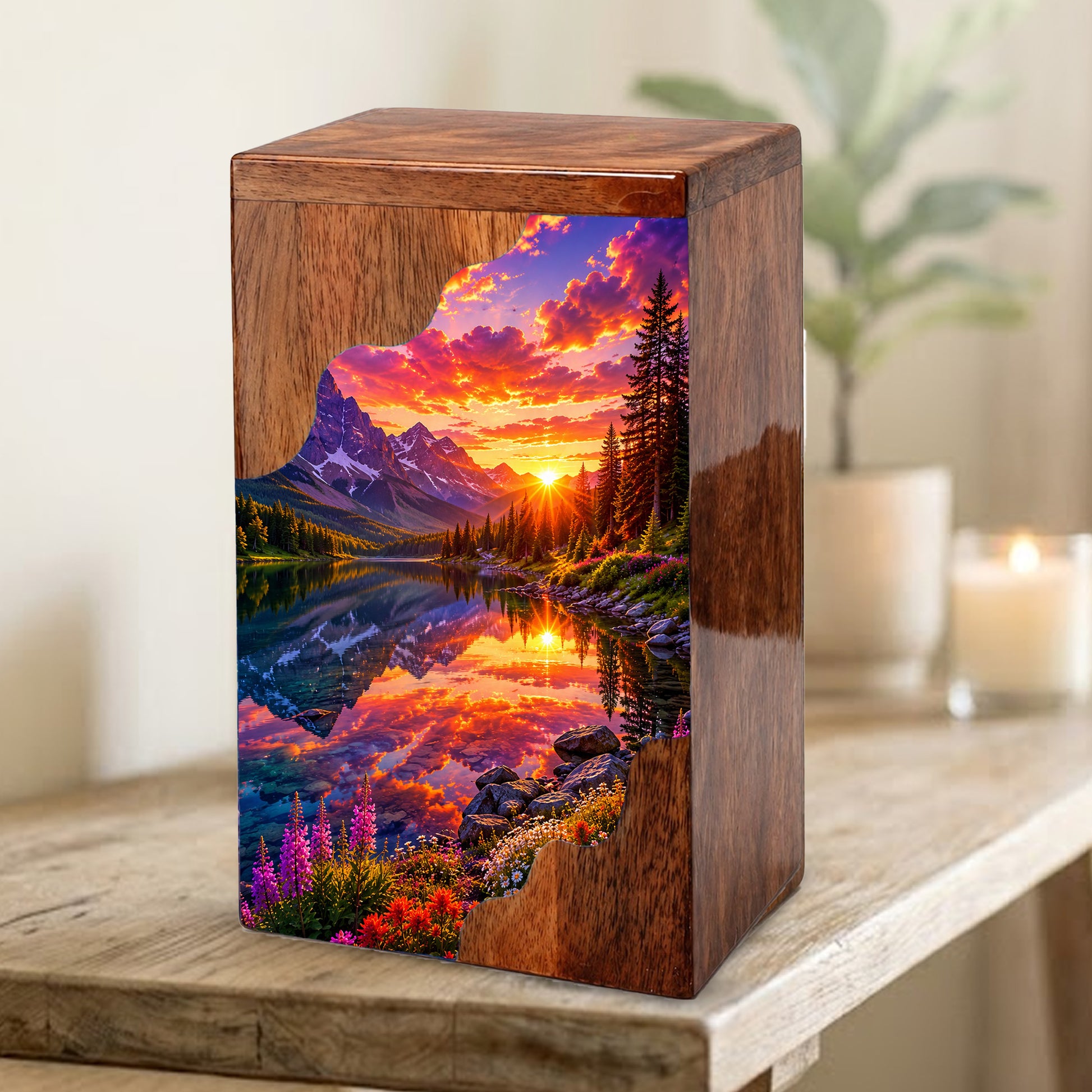 Sunset Wooden Cremation Urn – Mountain Lake Memorial Urn for Human Ashes