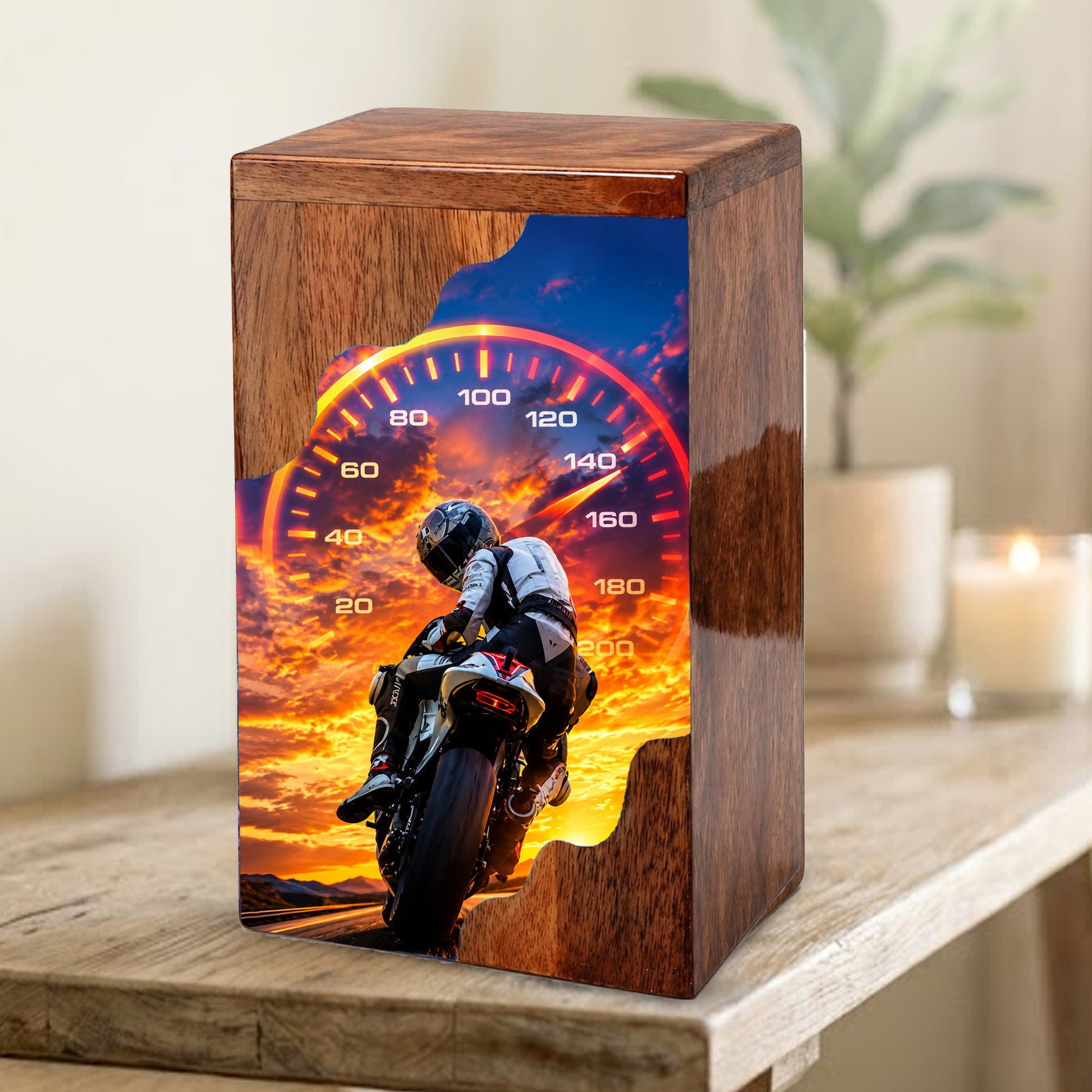Motorcycle Wooden Cremation Urn – Rider Memorial Urn for Human Ashes