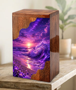Violet Ocean Wooden Cremation Urn – Beach Theme Wooden Urn for Human Ashes