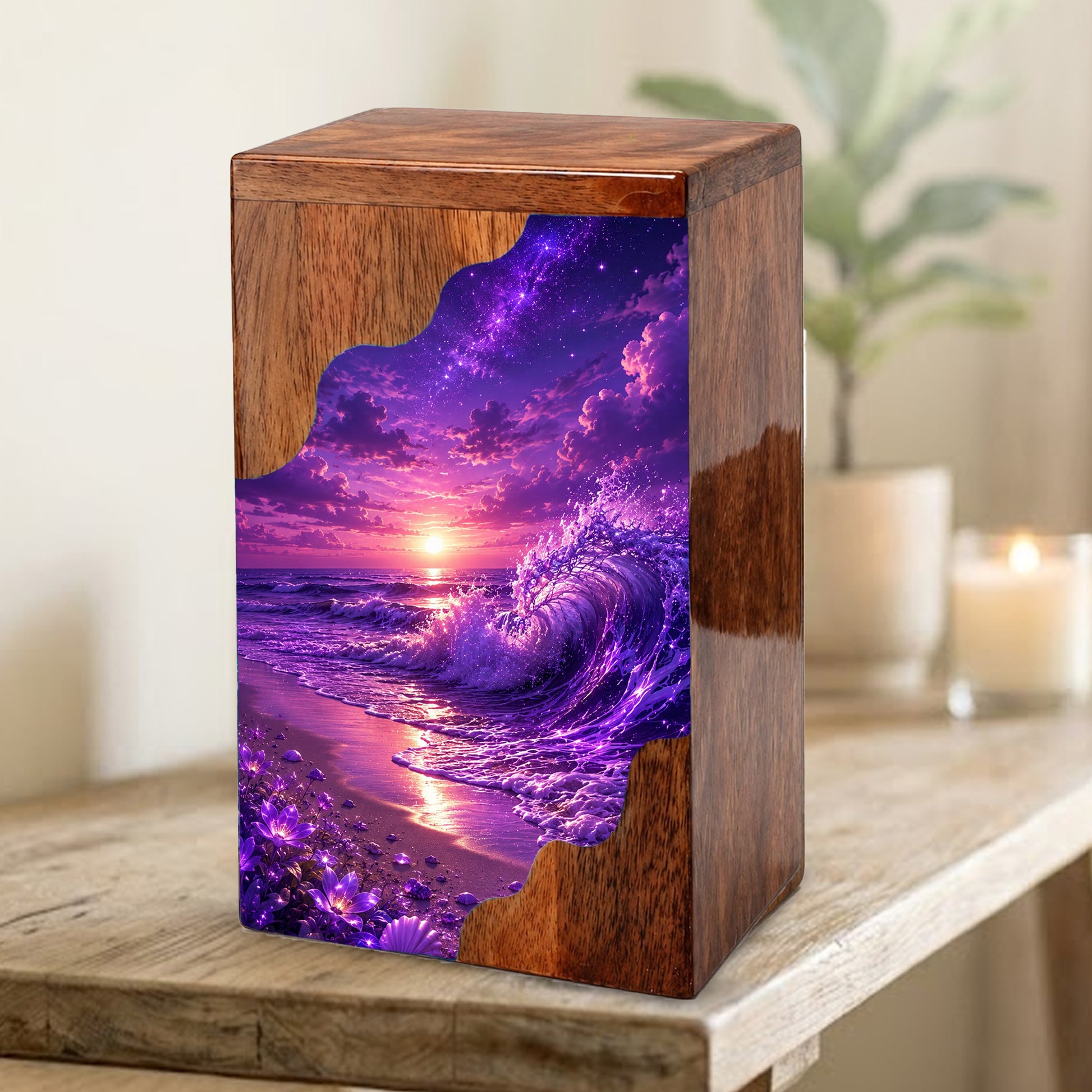 Violet Ocean Wooden Cremation Urn – Beach Theme Wooden Urn for Human Ashes