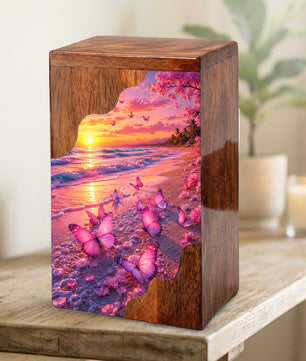 Pink Butterfly Beach Wooden Cremation Urn – Wooden Urn for Human Ashes