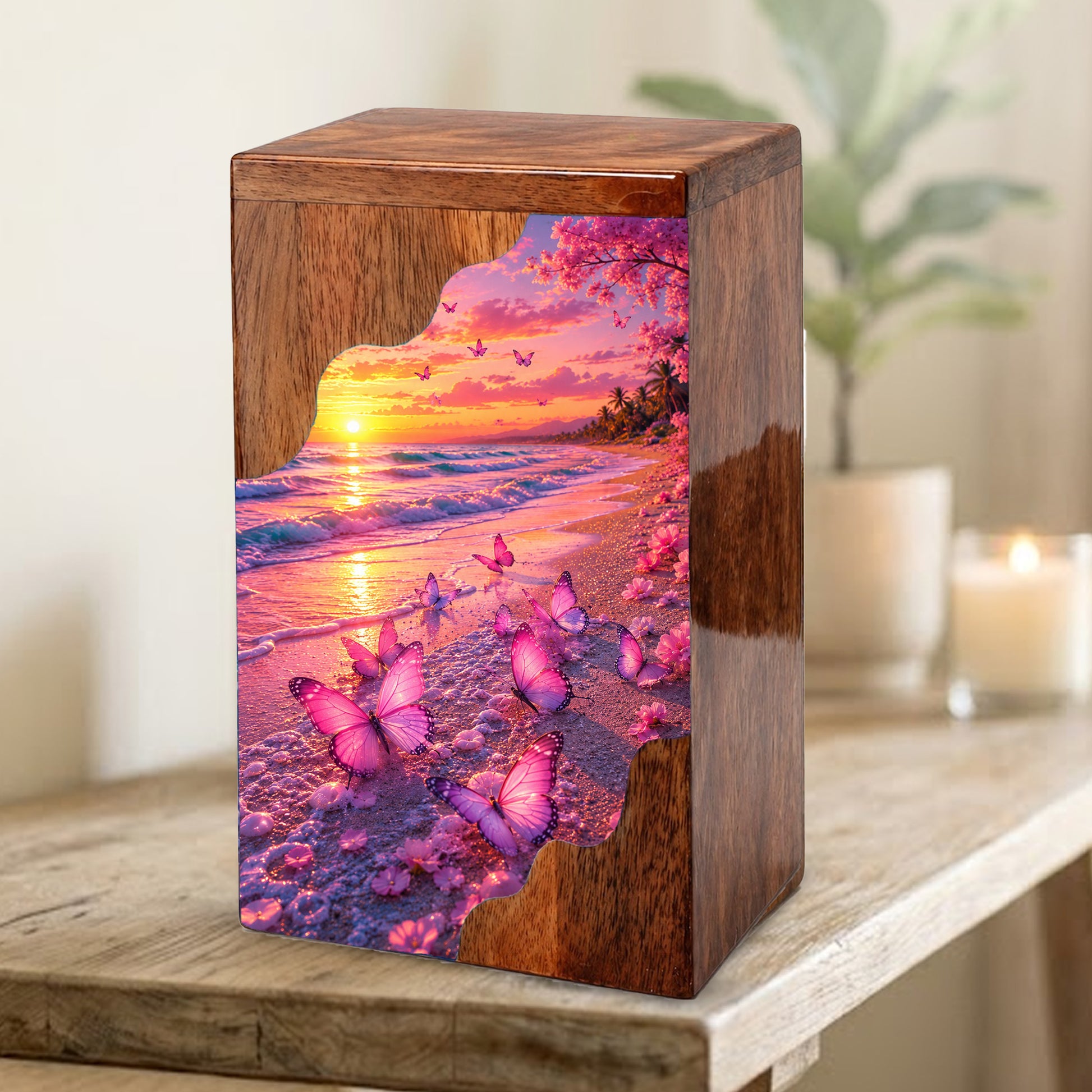 Pink Butterfly Beach Wooden Cremation Urn – Wooden Urn for Human Ashes
