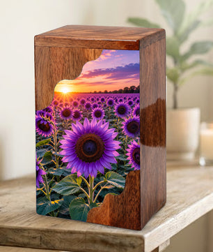 Purple Sunflower Cremation Urn for Mom | Wooden Urn for Human Ashes
