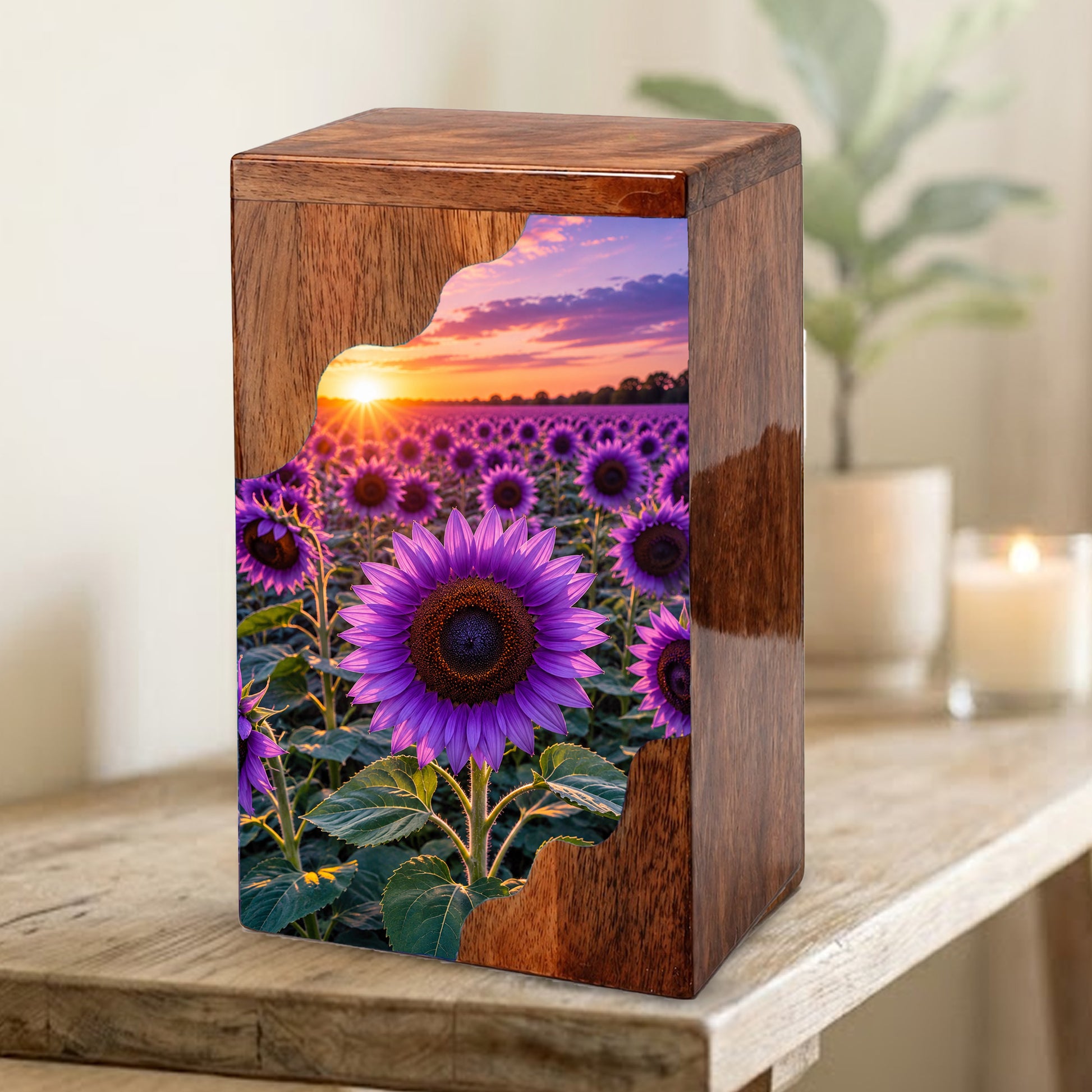 Purple Sunflower Cremation Urn for Mom | Wooden Urn for Human Ashes