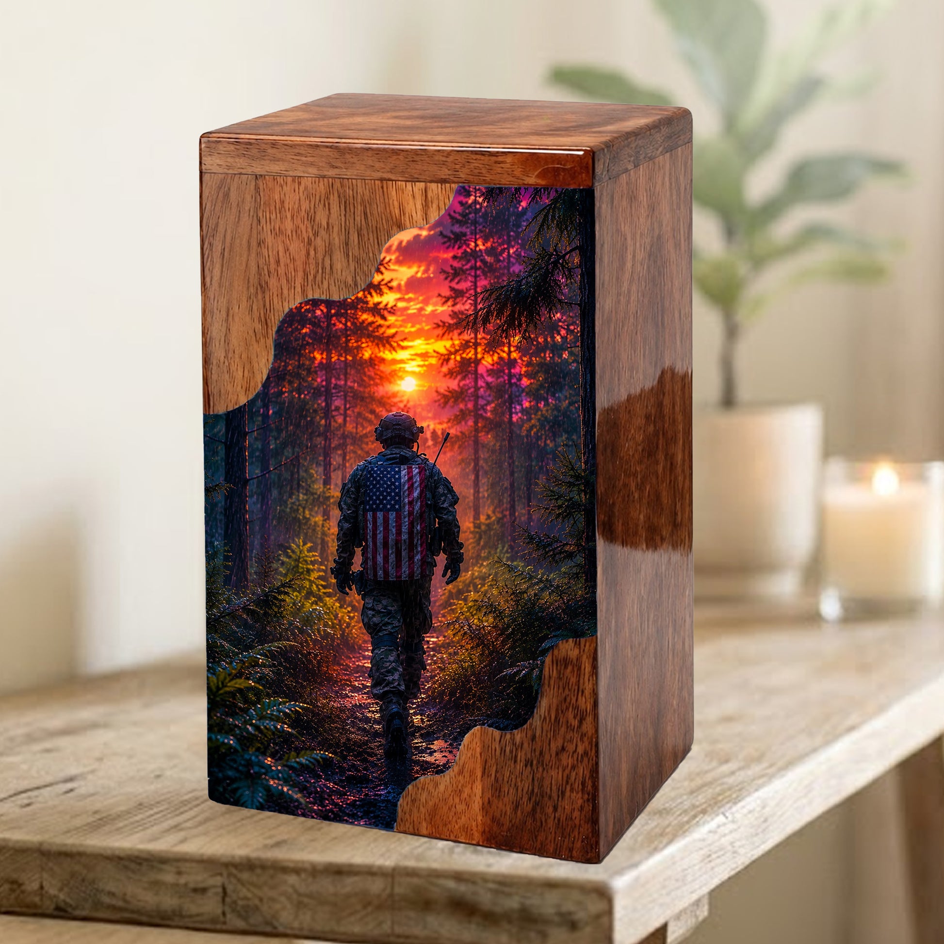 Military Memorial Wooden Cremation Urn – Patriotic Tribute Urn