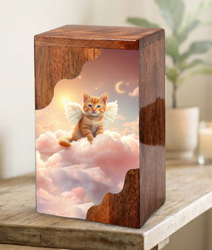 Cat Wooden Cremation Urn – Angel Cat Memorial Urn | Custom Pet Urn for Cat Ashes