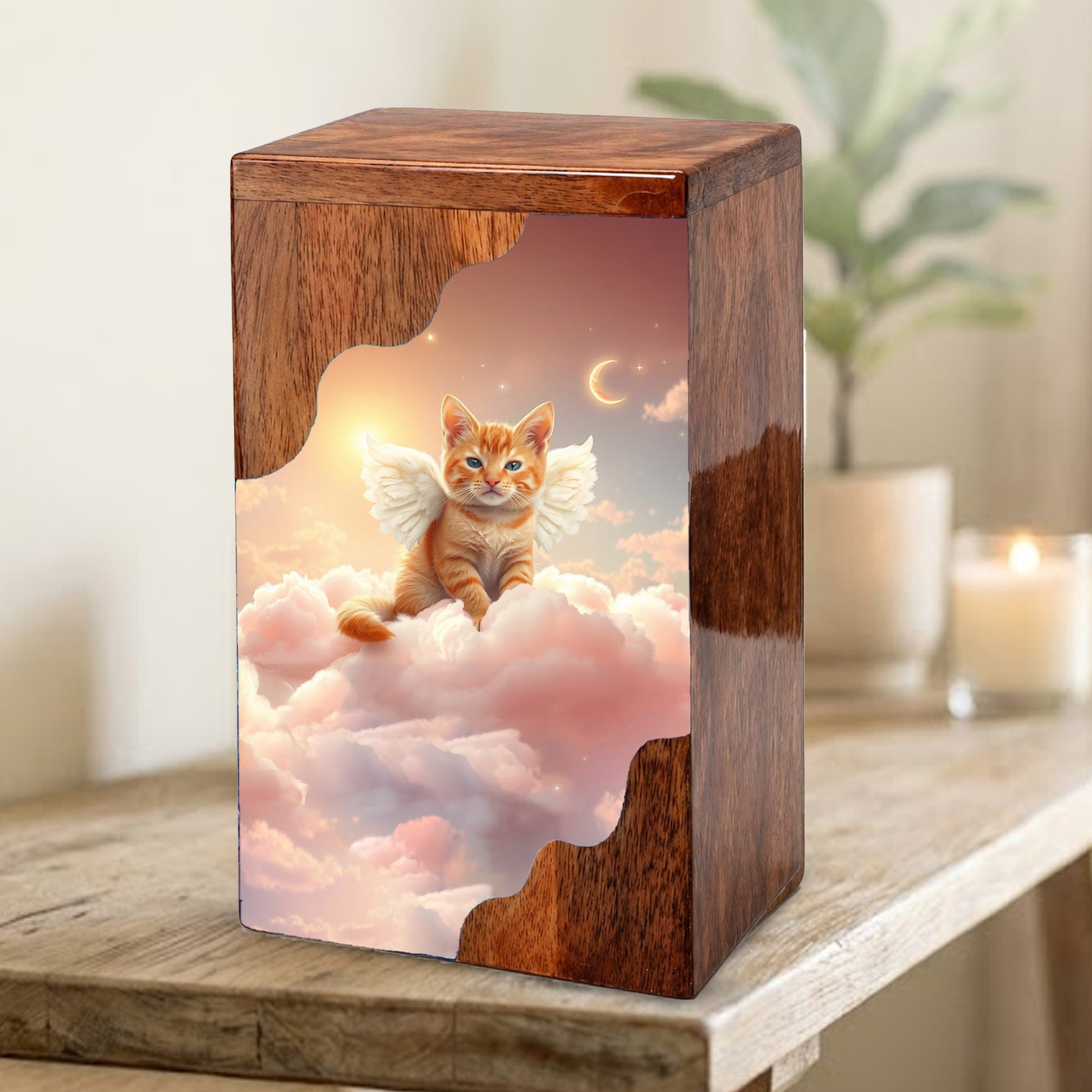 Cat Wooden Cremation Urn – Angel Cat Memorial Urn | Custom Pet Urn for Cat Ashes