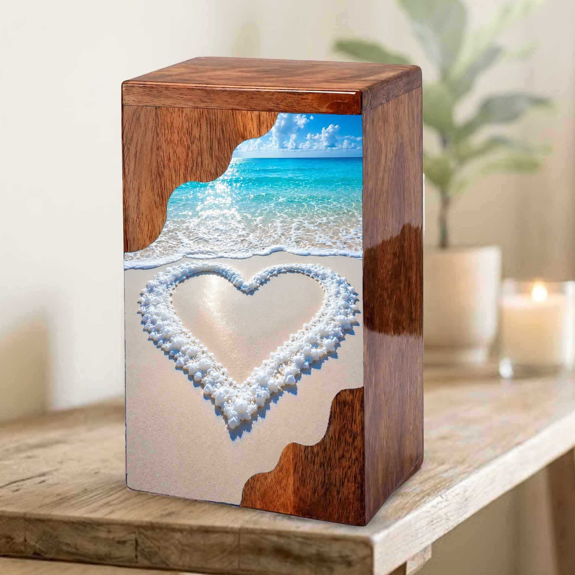 Heart in the Sand Wooden Cremation Urn – Personalized Memorial Urn for Human Ashes