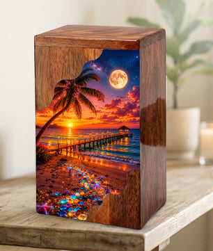 Beach Sunset Wooden Cremation Urn – Tropical Ocean Memorial Urn with Moonlit Shore