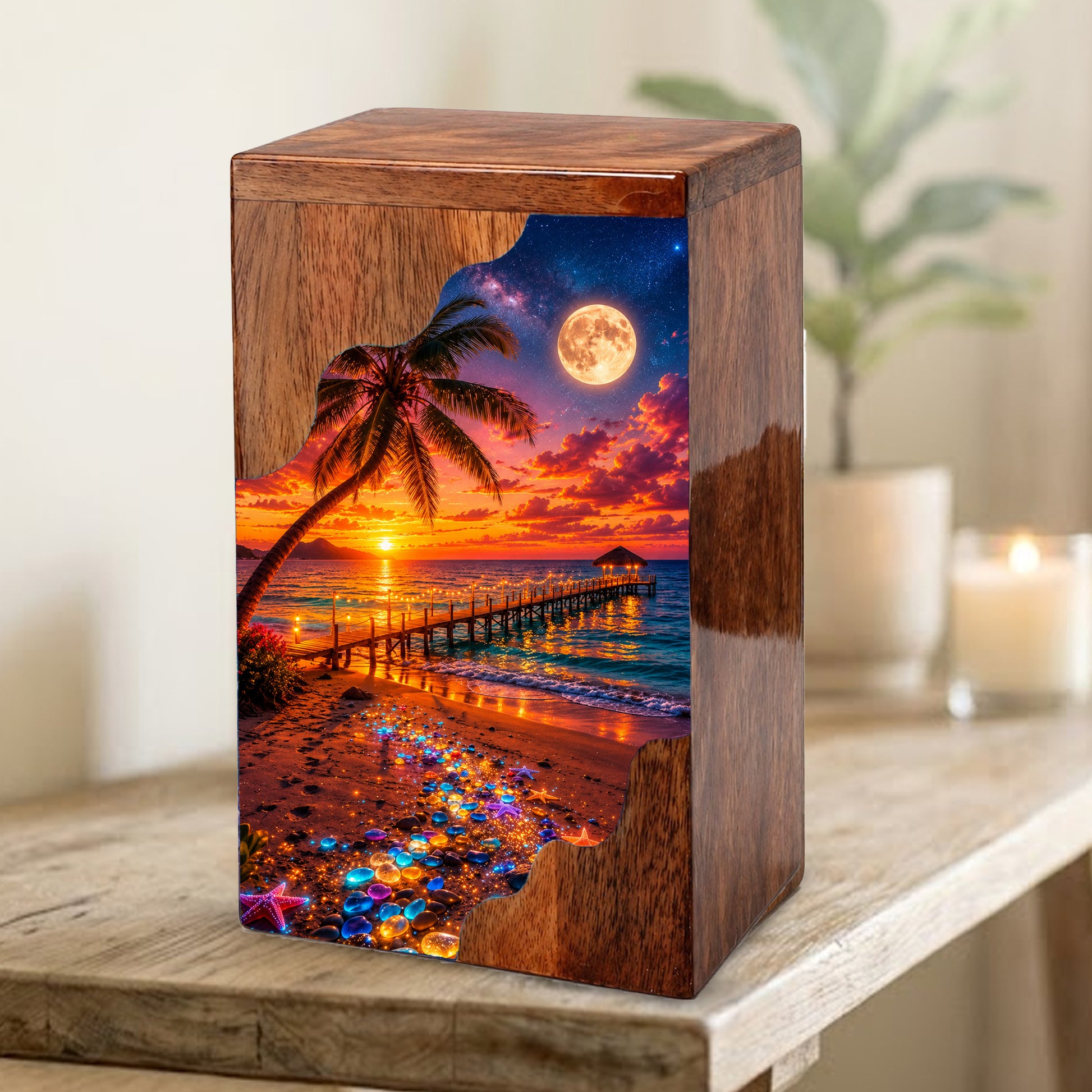 Beach Sunset Wooden Cremation Urn – Tropical Ocean Memorial Urn with Moonlit Shore