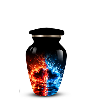 Red and Blue Heart Cremation Urn for Adult Ashes, Personalized Memorial Urn with Fire and Water Design