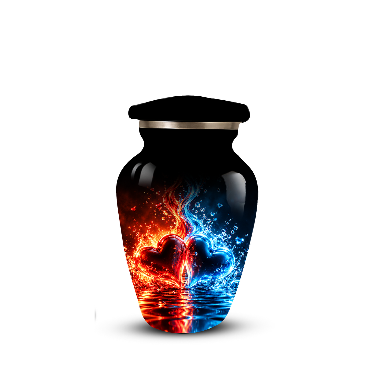 Red and Blue Heart Cremation Urn for Adult Ashes, Personalized Memorial Urn with Fire and Water Design