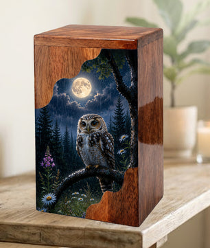 Owl Wooden Cremation Urn – Moonlit Memorial Urn | Wooden Urn for Human Ashes