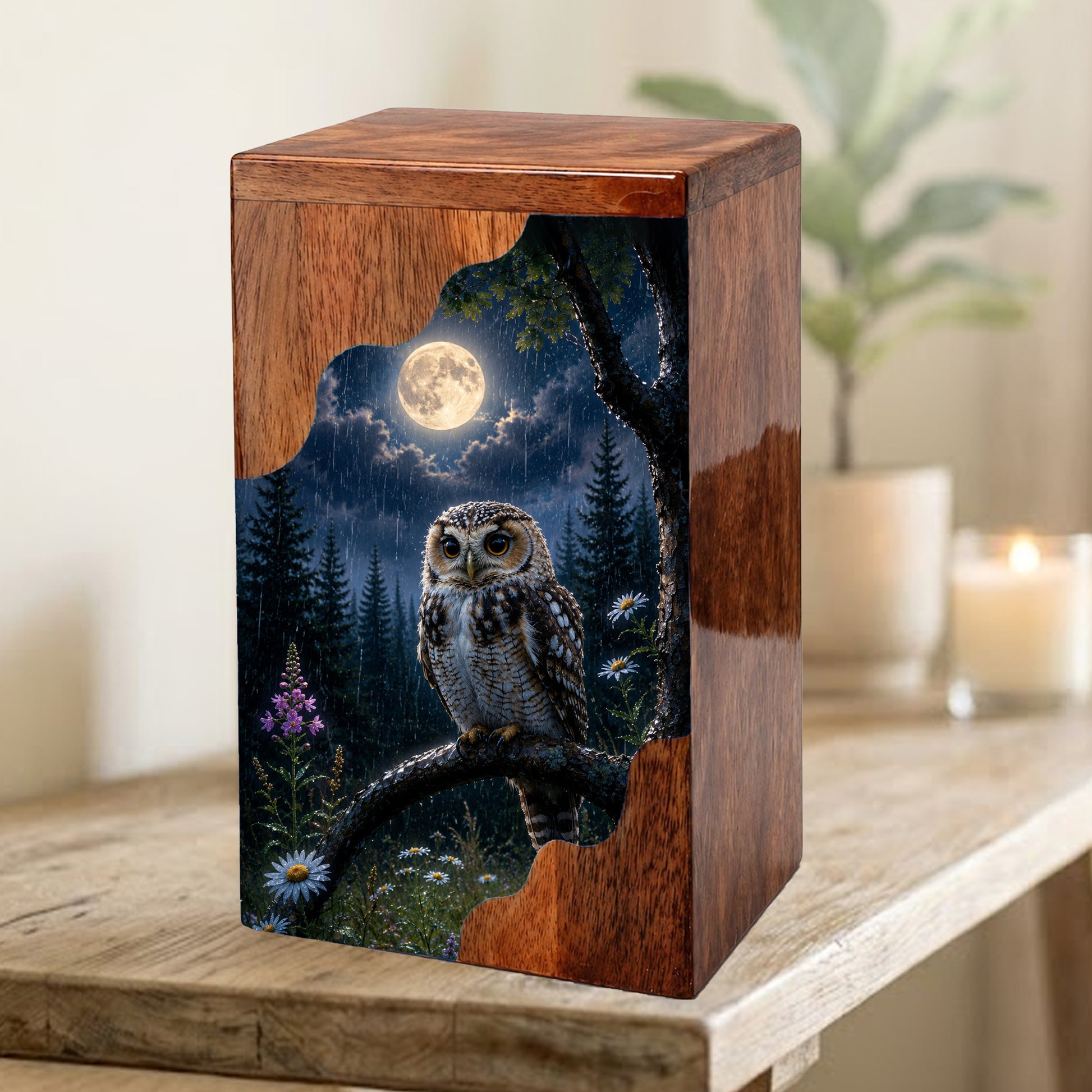 Owl Wooden Cremation Urn – Moonlit Memorial Urn | Wooden Urn for Human Ashes
