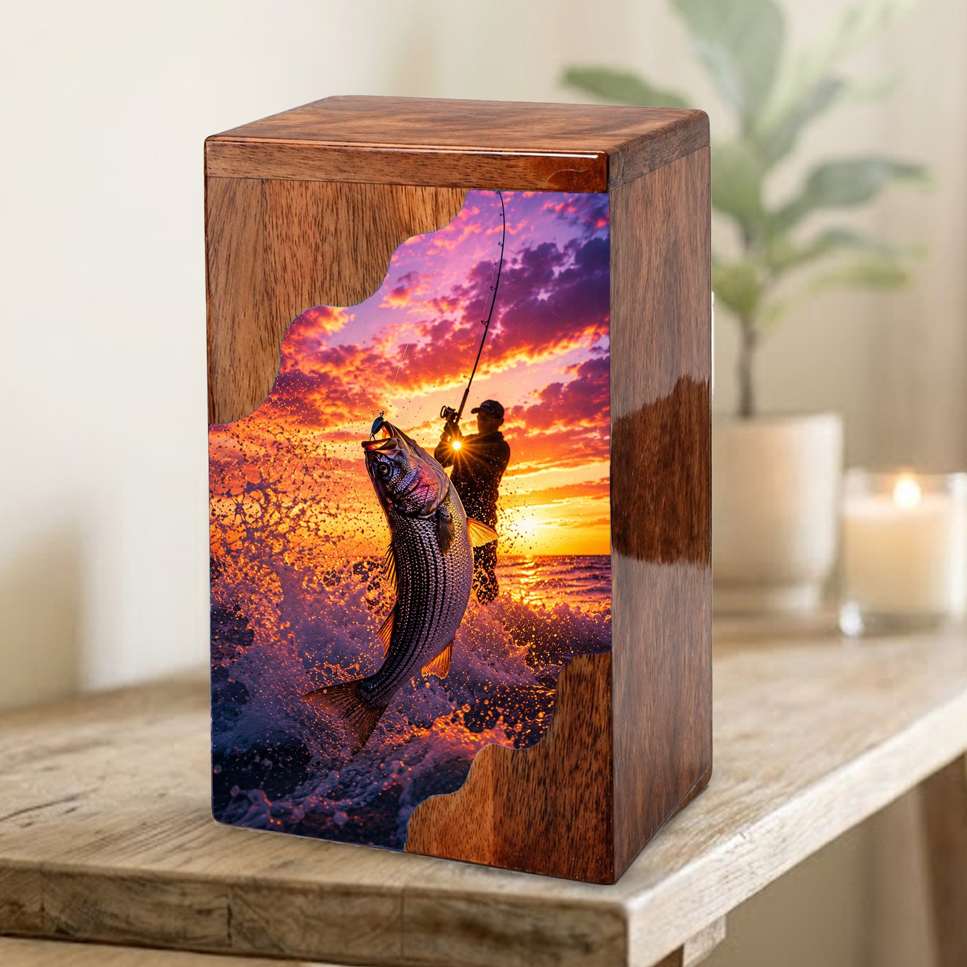 Fishing Wooden Cremation Urn – Gone Fishing Memorial Urn for Human Ashes