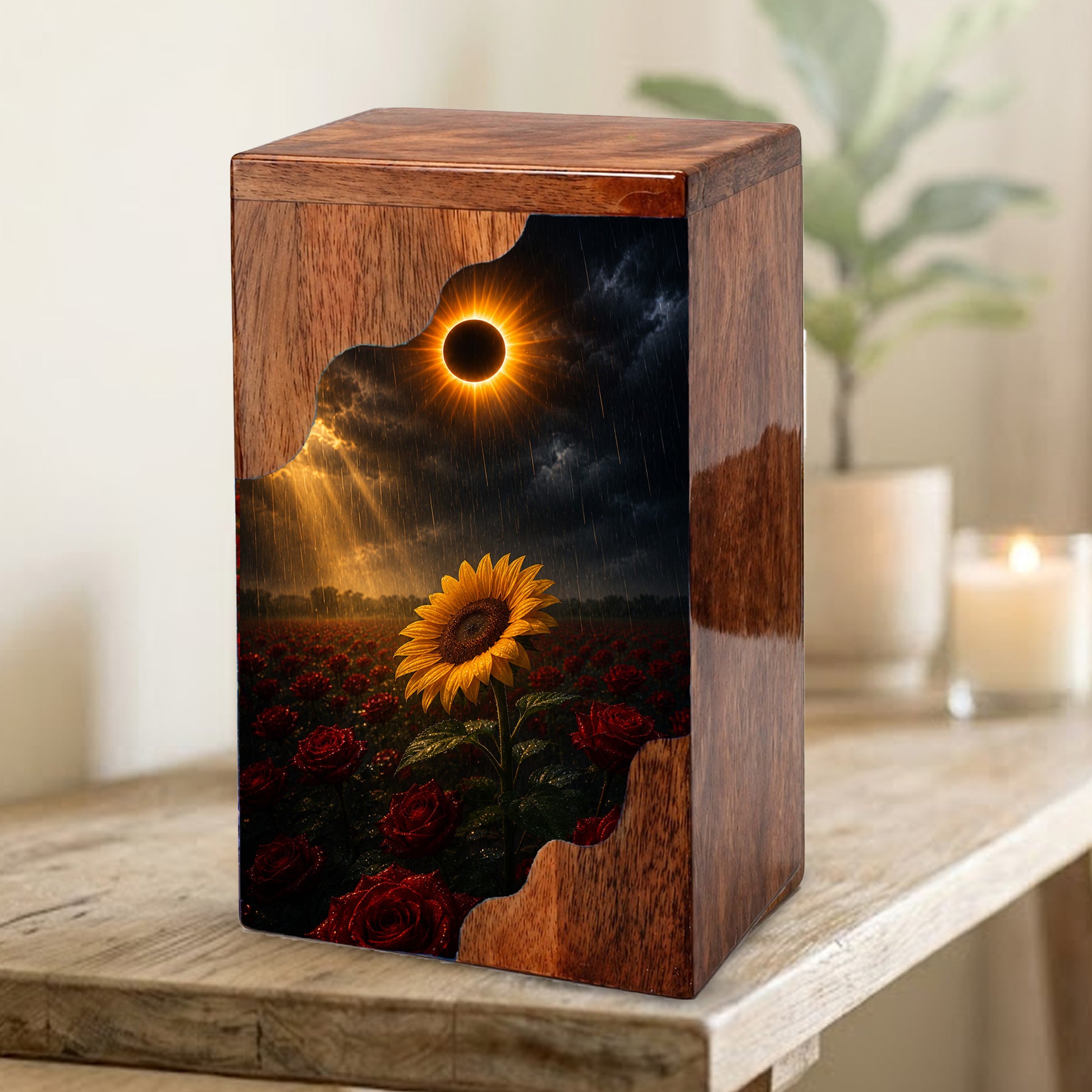 Sunflower Wooden Cremation Urn for Mom | Eclipse Memorial Urn for Human Ashes
