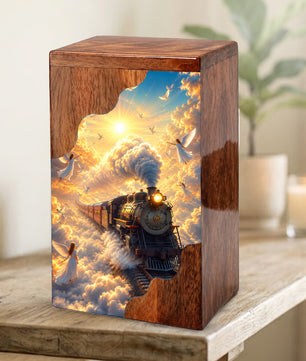 Heaven Bound Train Wooden Cremation Urn – Angel Memorial Urn | Wooden Urn for Human Ashes
