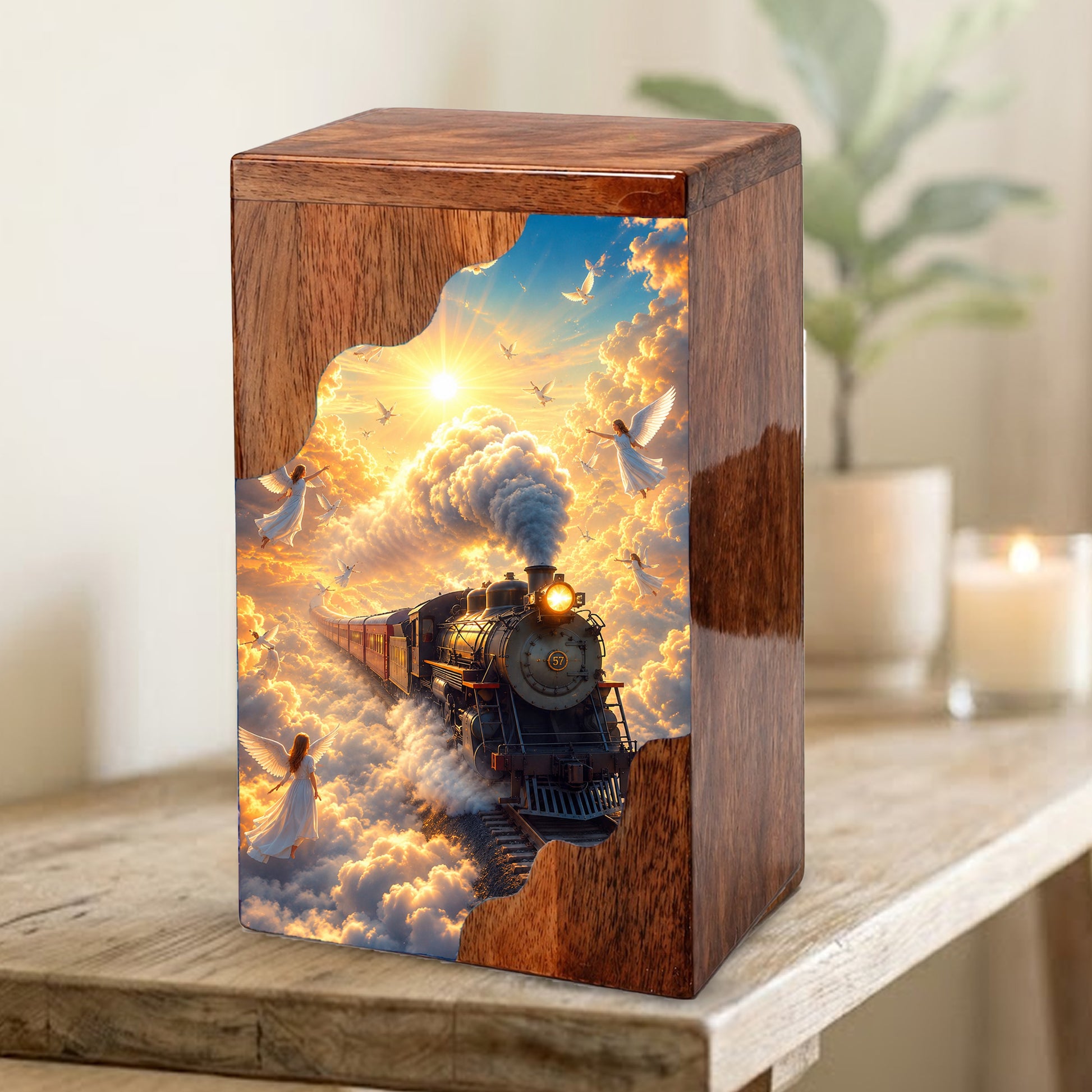 Heaven Bound Train Wooden Cremation Urn – Angel Memorial Urn | Wooden Urn for Human Ashes