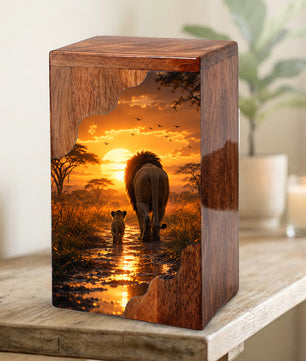 Lion Wooden Cremation Urn – Sunset Memorial Urn for Human Ashes | Strength, Love & Eternal Connection Wooden Urn