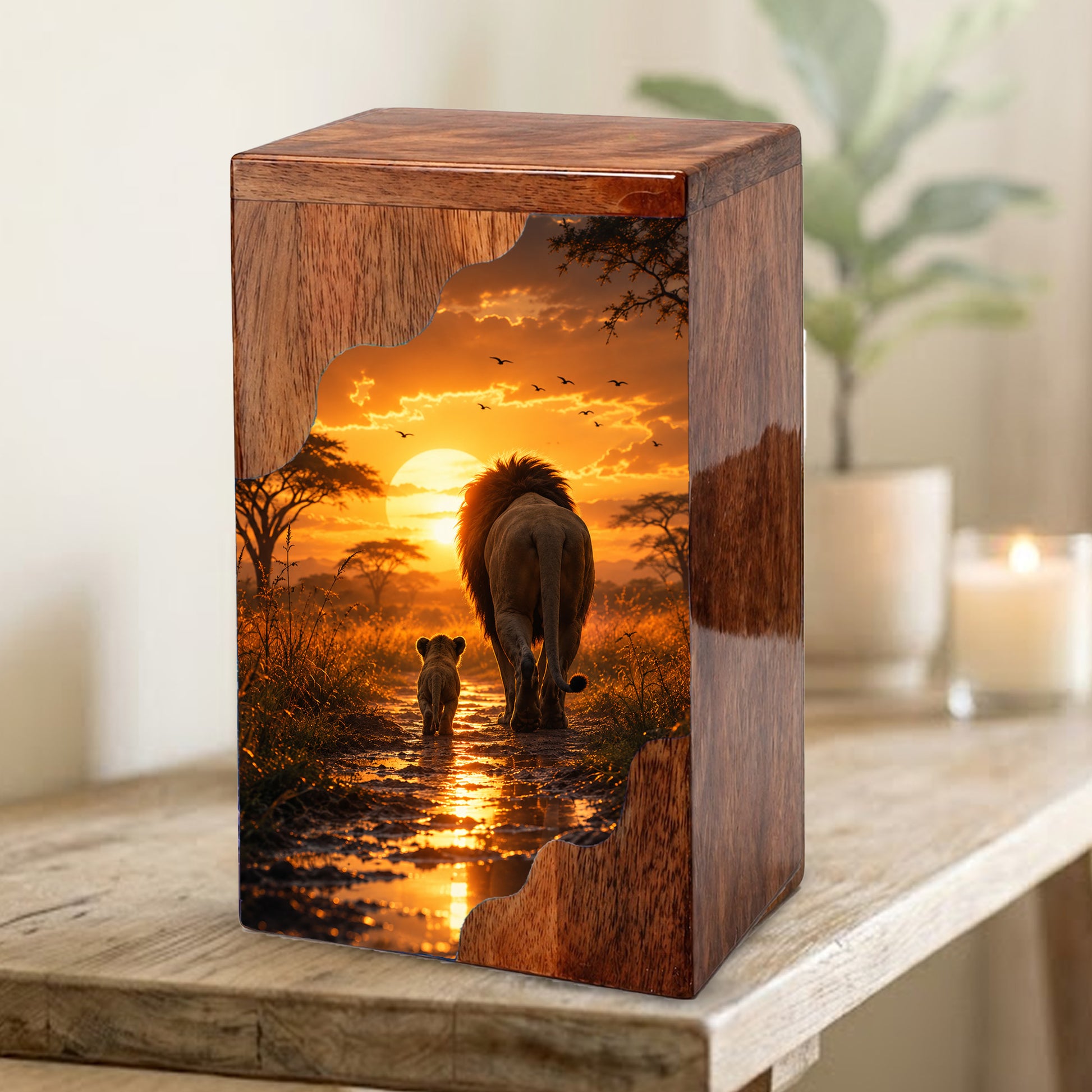 Lion Wooden Cremation Urn – Sunset Memorial Urn for Human Ashes | Strength, Love & Eternal Connection Wooden Urn