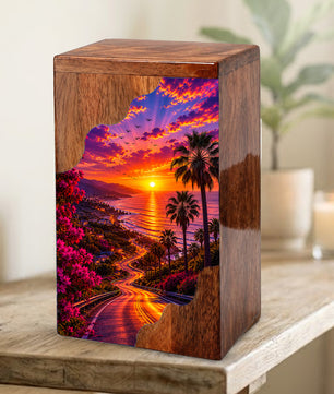 Beach Wooden Cremation Urn for Human Ashes | Coastal Sunset Memorial Urn