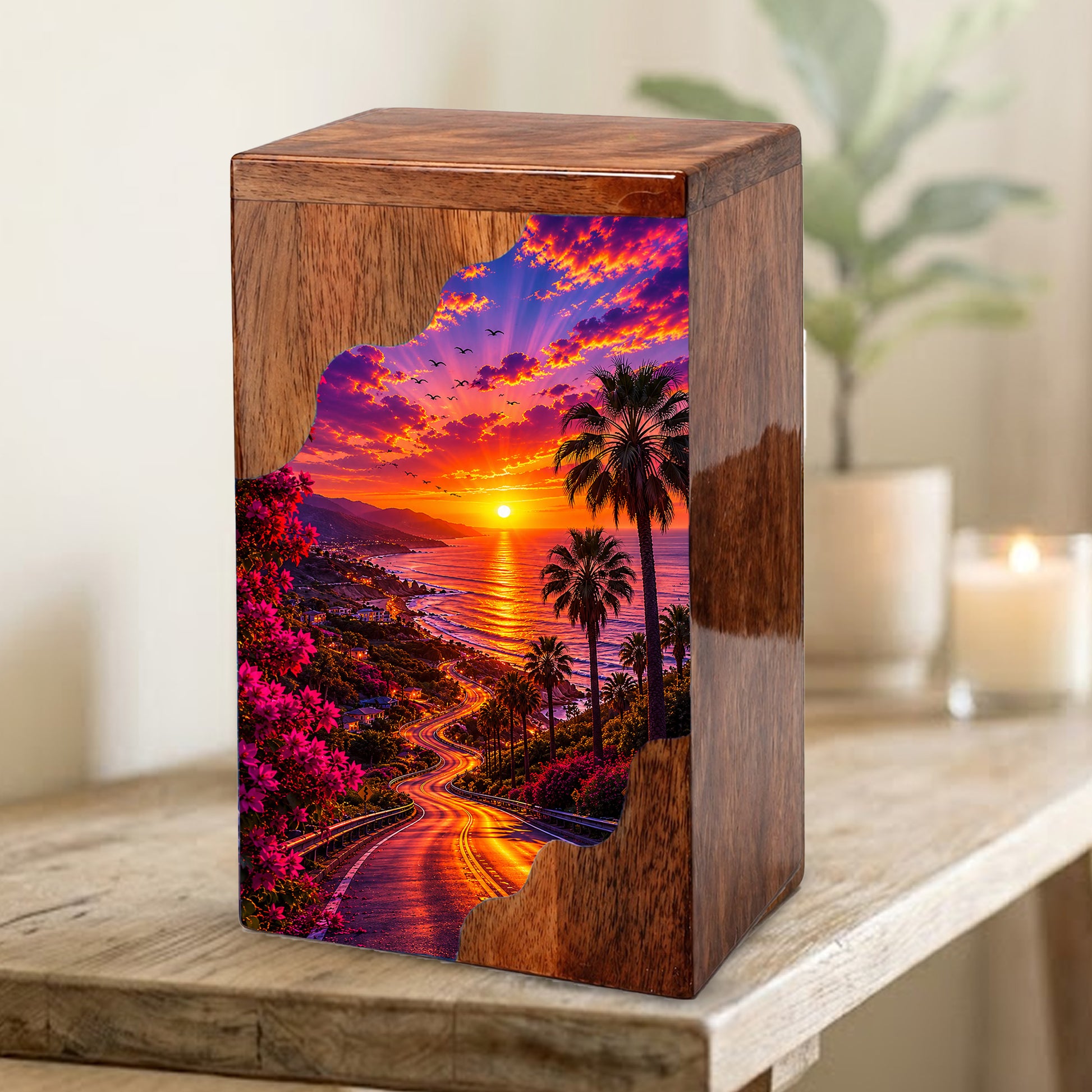 Beach Wooden Cremation Urn for Human Ashes | Coastal Sunset Memorial Urn