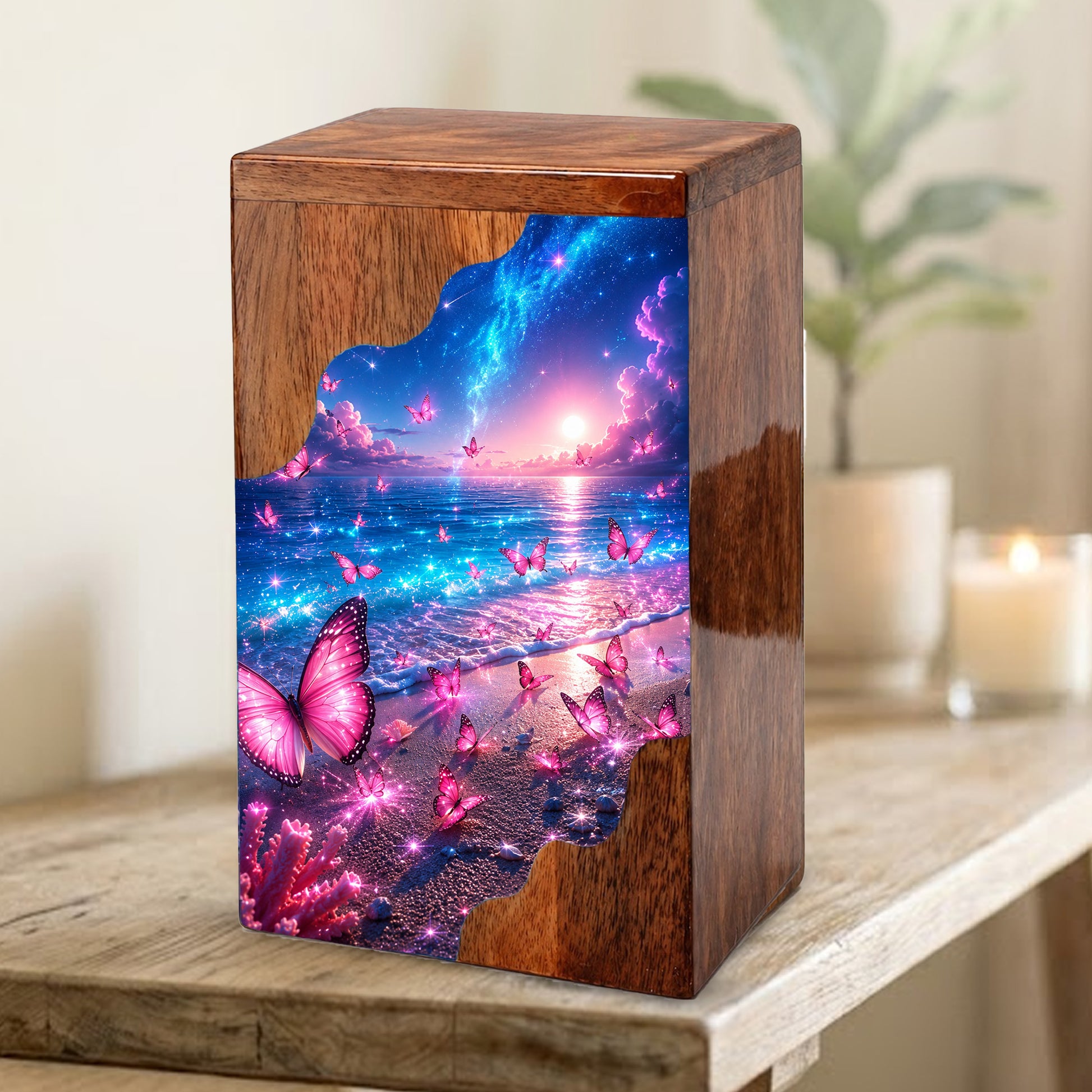Celestial Butterfly Wooden Cremation Urn – Butterfly Memorial Urn for Human Ashes