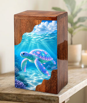 Sea Turtle Wooden Cremation Urn – Ocean Memorial Urn for Human Ashes